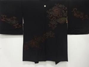 大正ロマン　漆　牡丹唐草に鶴・笹・梅模様織出し　一ツ紋絵羽織